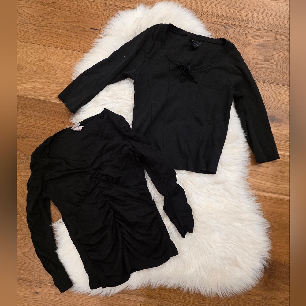 Vintage Black Women's Scoop Neck and Ruched Long Sleeve Tops - Pack of 2